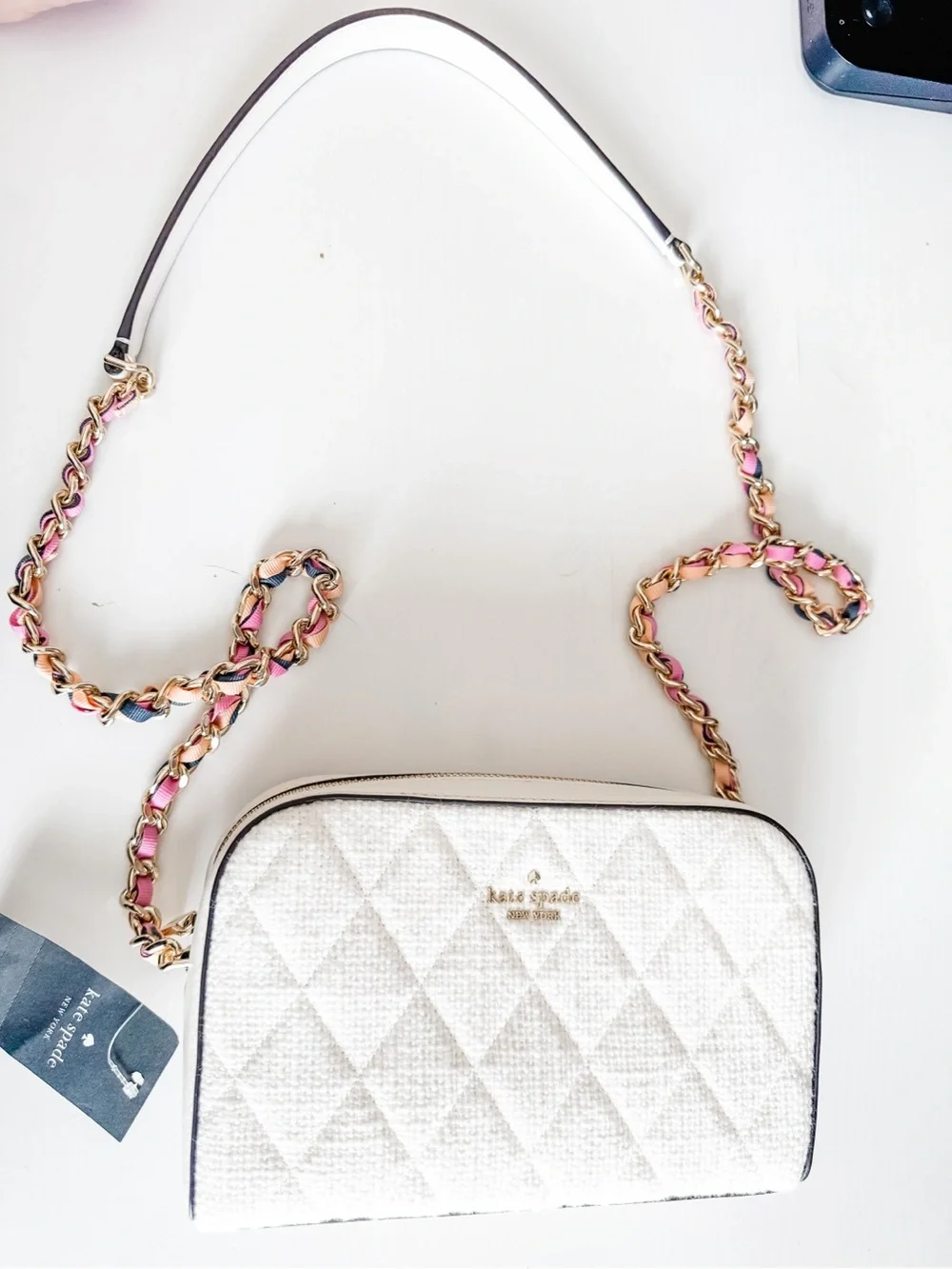 Kate Spade White Quilted tweed Crossbody with Pink and navy chain strap